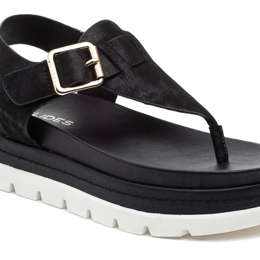 J/Slides NYC Becky Platform Sandals Black Leather 7 M Gold Buckle
